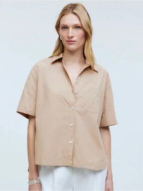 Madewell Poplin Oversized Boxy Button Up Short Sleeve Tan Top